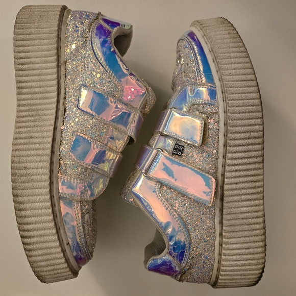 TUK White Glitter Creepers Sneakers 2 Velcro Straps Flat Platform Soles Size 10 - Picture 8 of 17